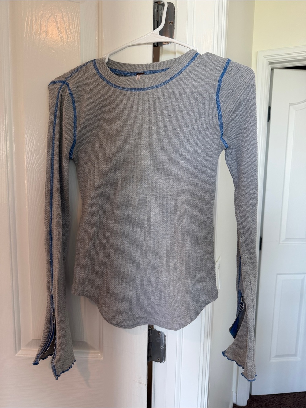 Free People Grey Long-Sleeve Thermal Top with Blue Trim